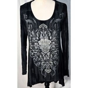 Vintage Y2K Bling Graphic Long Sleeve Tunic Top Jewel Fleur Di Lis Vocal